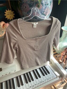Bozzolo Large Taupe Ribbed Crop Top Square Neck Snap Front Y2K 90s